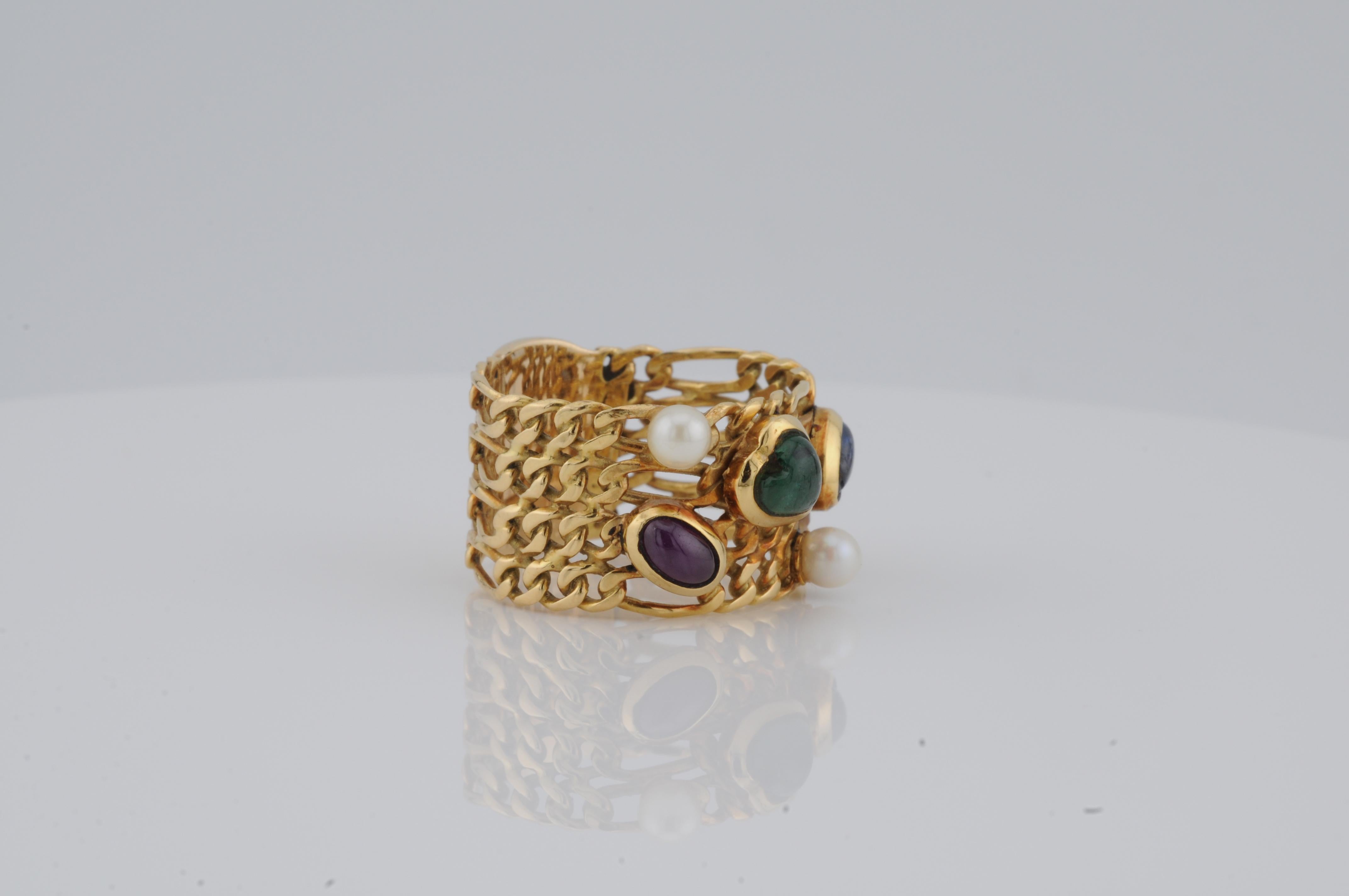 Bague Figaro italienne en or 18k avec rubis, saphir, émeraude et perle - 6.9g Bon état - En vente à Berlin, BE