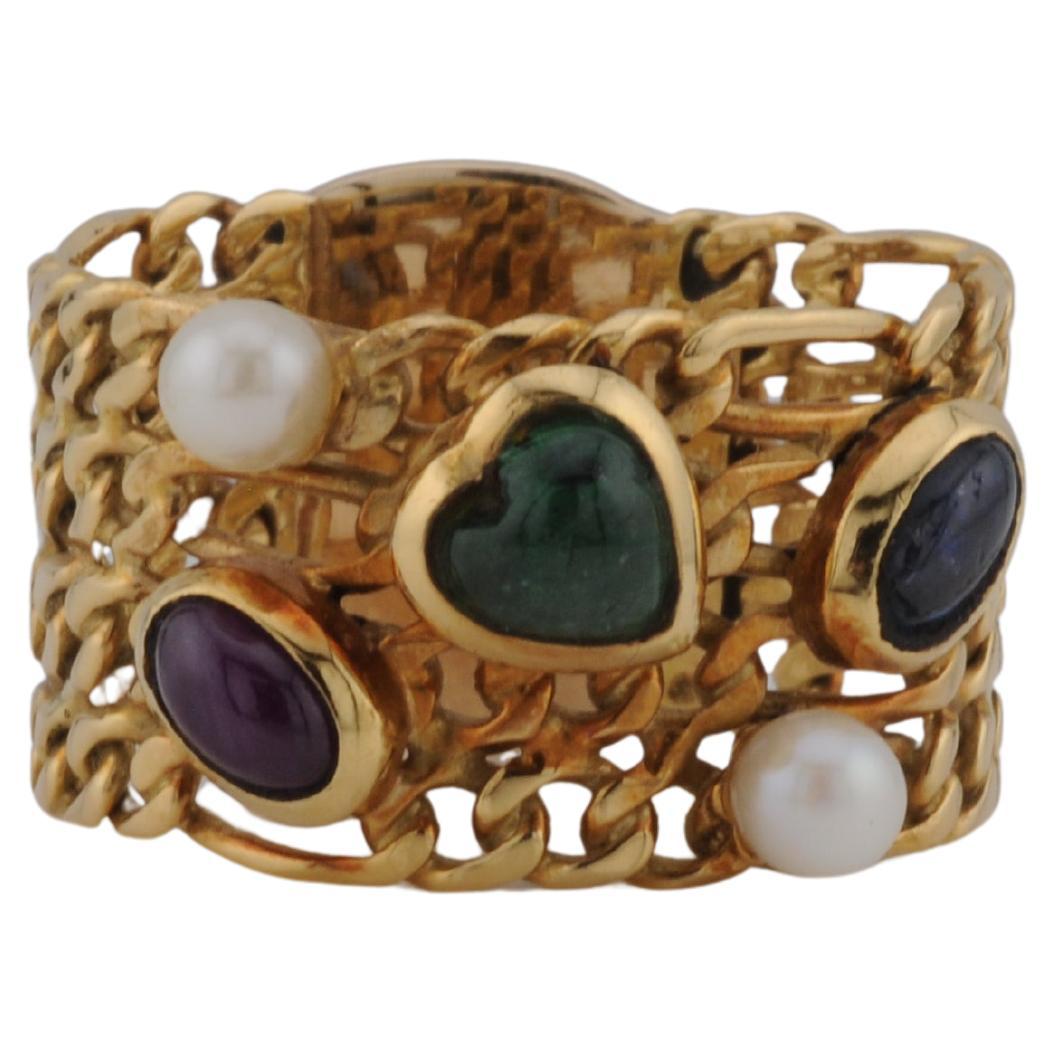 Bague Figaro italienne en or 18k avec rubis, saphir, émeraude et perle - 6.9g en vente