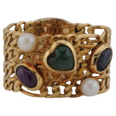 Italienischer 18k Gold Figaro Ring mit Rubin, Saphir, Smaragd & Perle - 6.9g