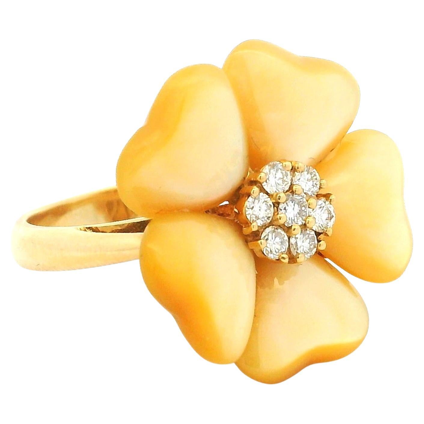 Italian 18K Gold Floral Ring with Mother-of-Pearl Petals and Diamond Accents