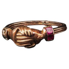 Bague italienne Gimmel Fede en or 18K avec diamant et rubis, Circa 1790