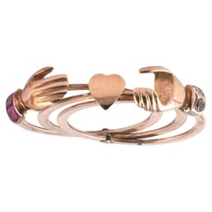 Italian 18K Gold Gimmel Fede Ring with Diamond and Ruby, Circa 1790