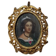 Italian 18K Gold Hand Painted Miniature Lady Portrait Brooch/Pendant