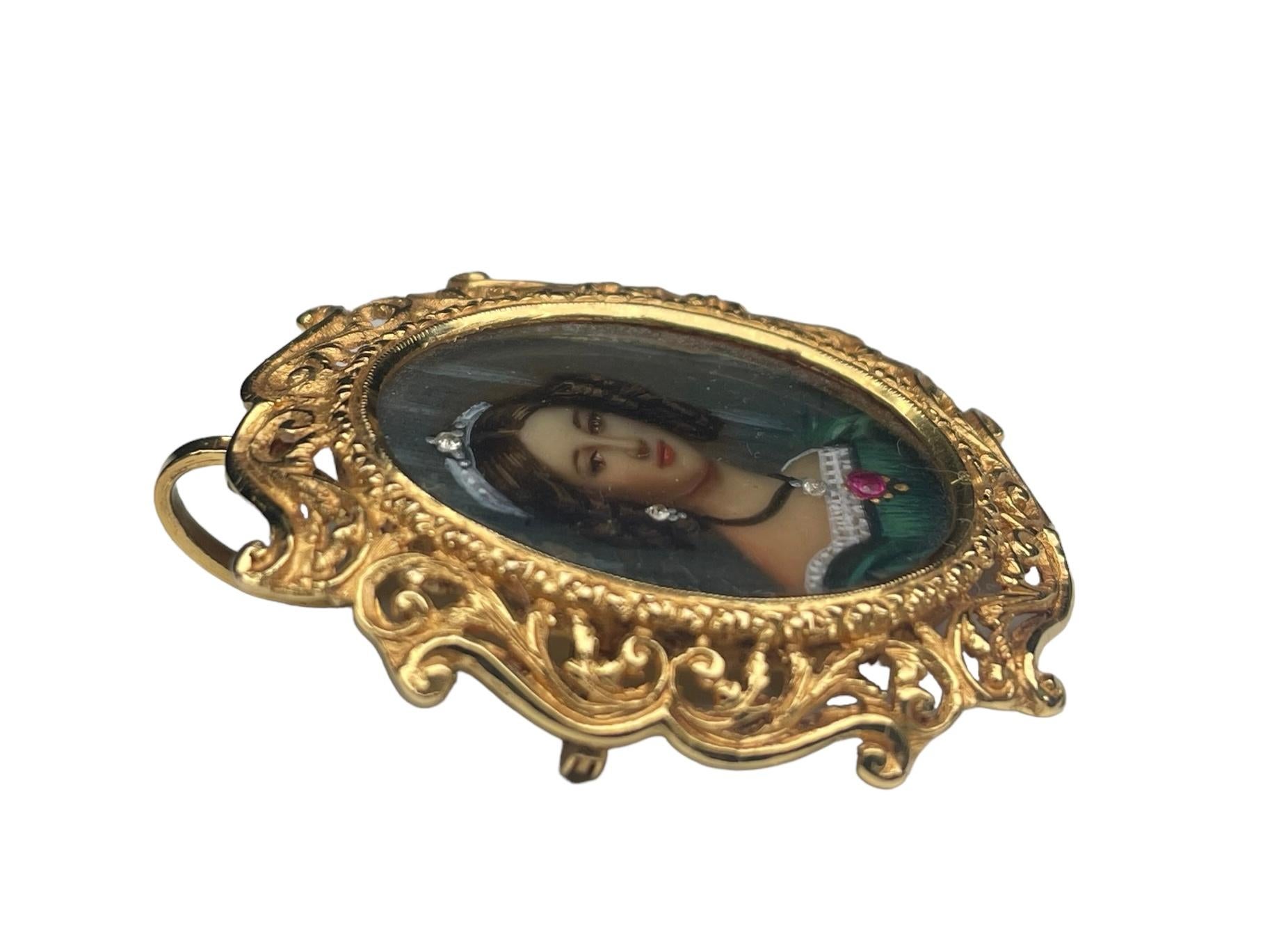 Baroque Italian 18K Gold Hand Painted Miniature Lady Portrait Brooch/Pendant  For Sale