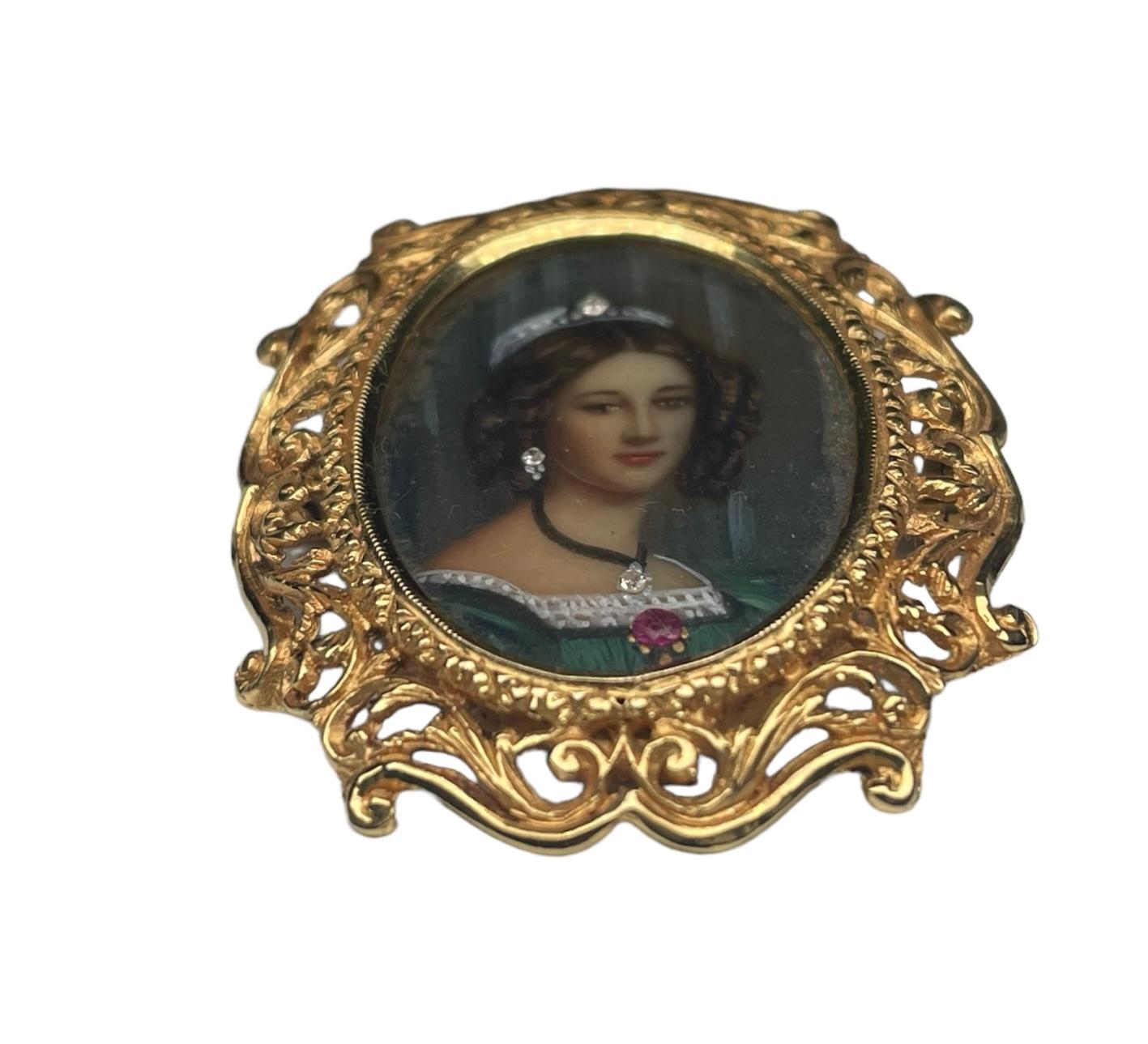 Women's or Men's Italian 18K Gold Hand Painted Miniature Lady Portrait Brooch/Pendant  For Sale