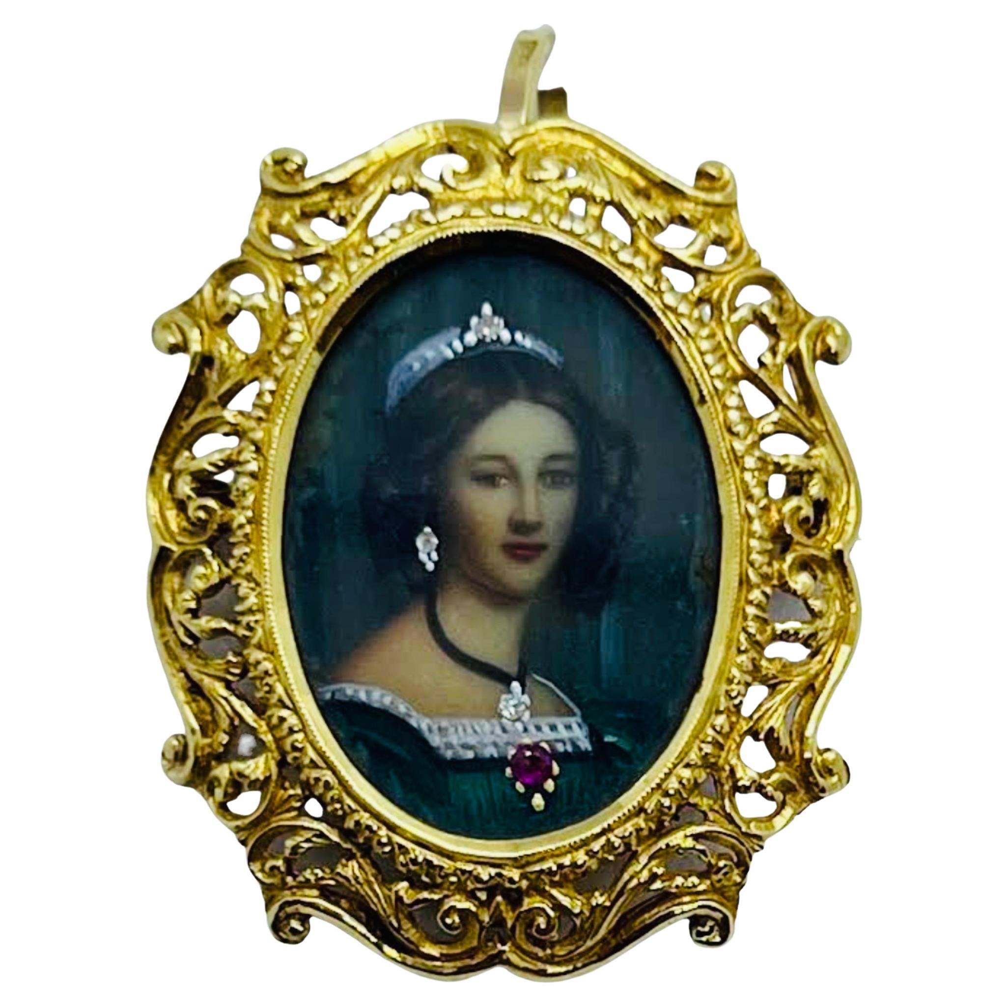 Italian 18K Gold Hand Painted Miniature Lady Portrait Brooch/Pendant  For Sale