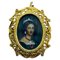 Italian 18K Gold Hand Painted Miniature Lady Portrait Brooch/Pendant 