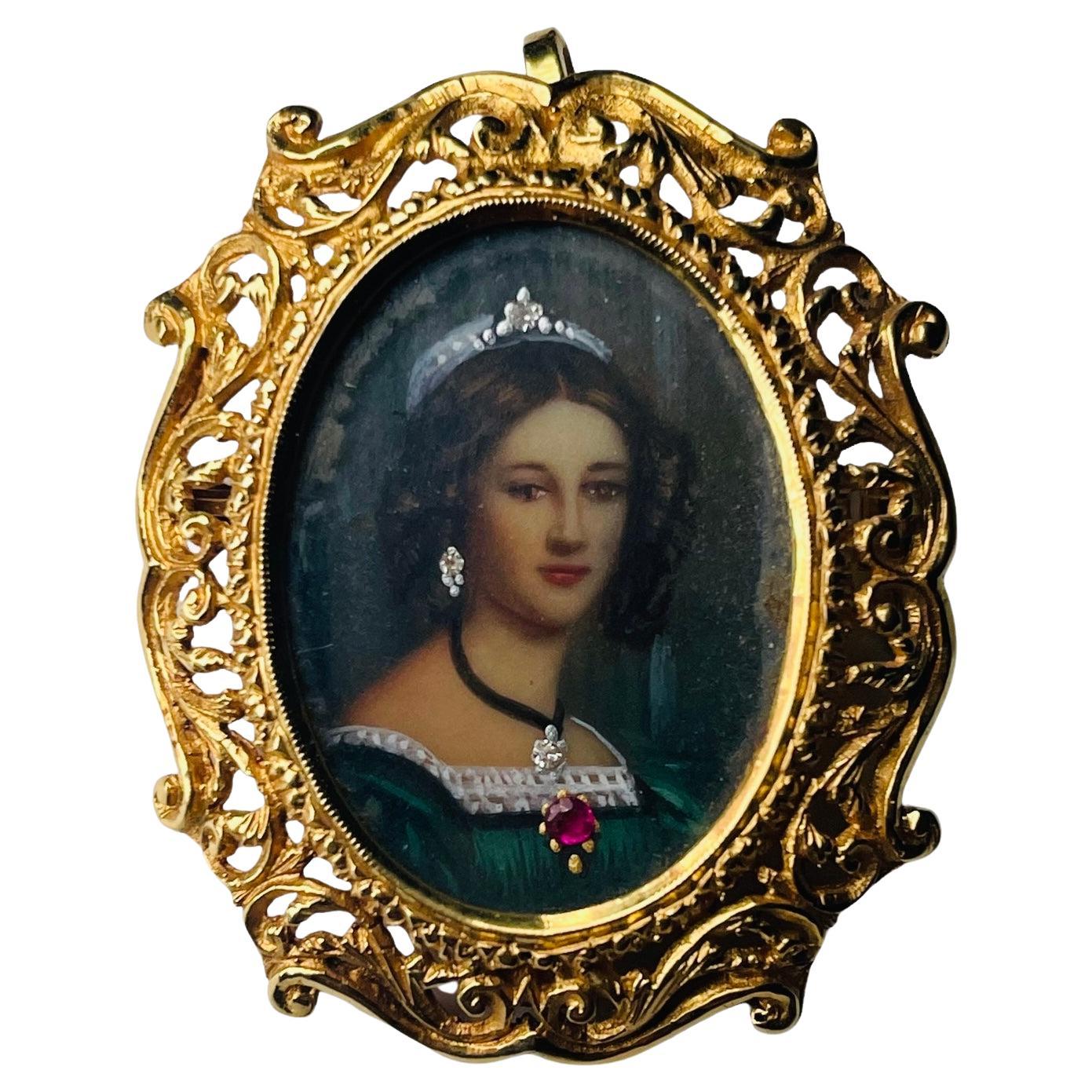 Italian 18K Gold Hand Painted Miniature Lady Portrait Brooch/Pendant  For Sale