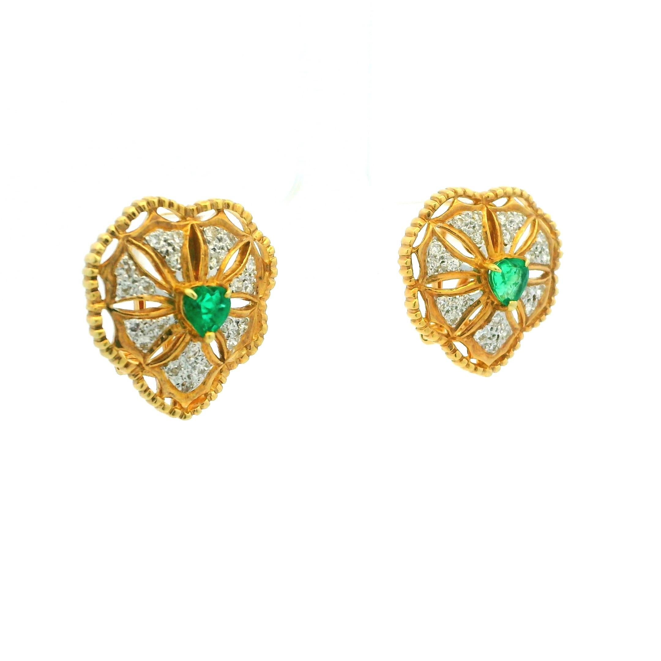 Romantico Orecchini a cuore in oro 18 carati con smeraldo e diamante, smeraldi da 0,90 carati, firmati in vendita