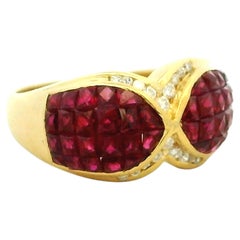 Italian 18K Gold Invisible Set Ruby Diamond Crossover Bombe Ring
