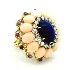 Italian 18K Gold Lapis Coral Ruby Diamond Cocktail Ring