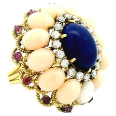 Italian 18K Gold Lapis Coral Ruby Diamond Cocktail Ring