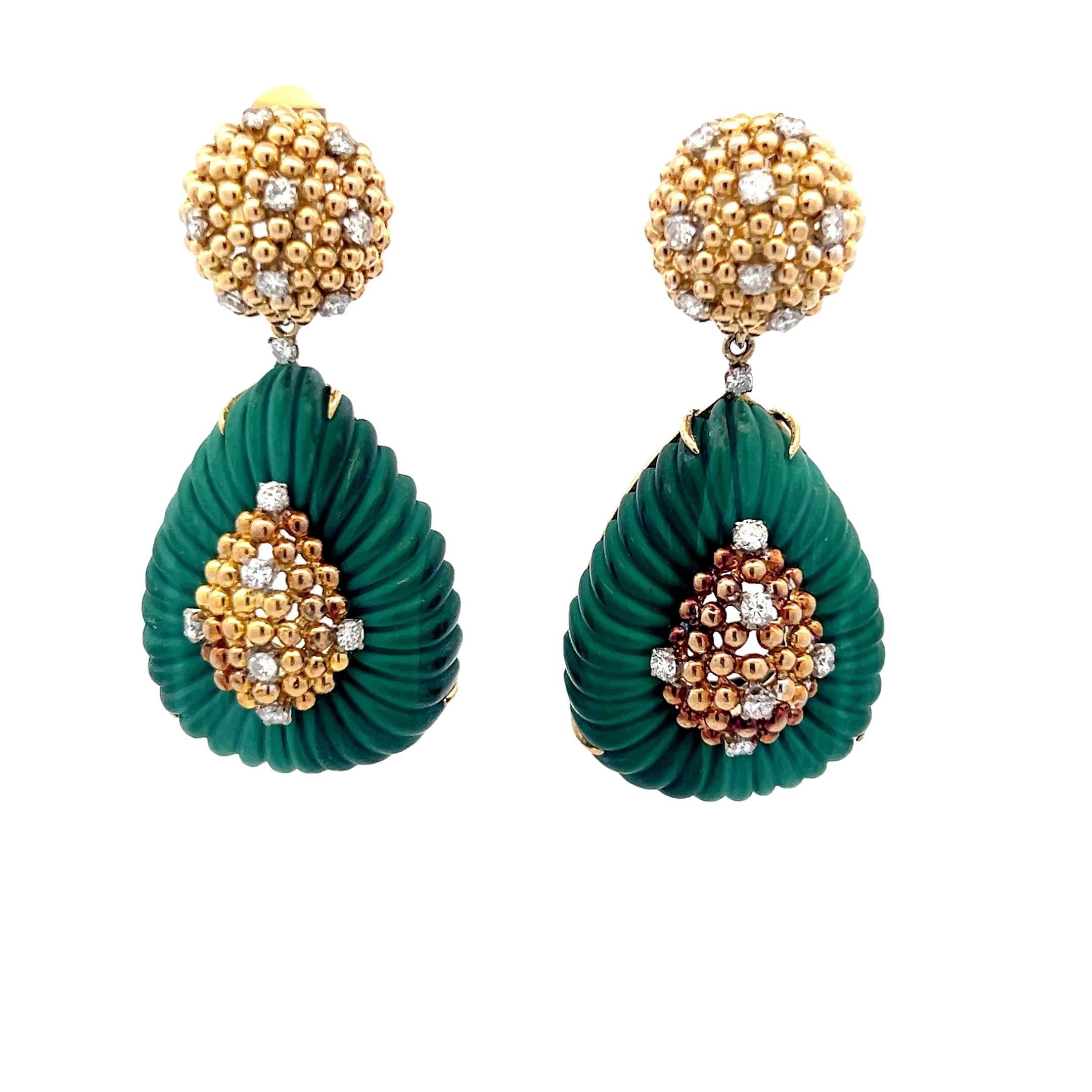 Italienische 18K Gold Malachit & Diamant Auswechselbare Chandelier Ohrringe (Barock) im Angebot