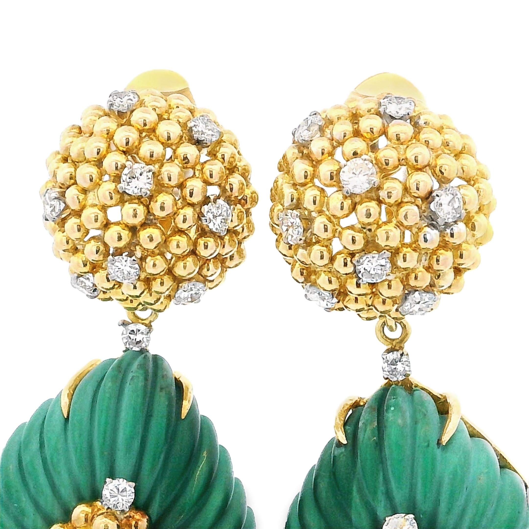 Italienische 18K Gold Malachit & Diamant Auswechselbare Chandelier Ohrringe im Angebot 1