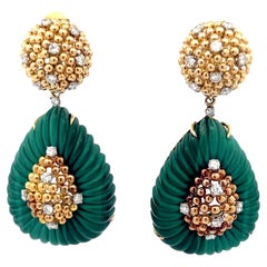 Italienische 18K Gold Malachit & Diamant Auswechselbare Chandelier Ohrringe
