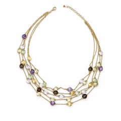 Italian 18k Gold Multi Colored Gemstones Cable 5 Tier Layered Style Necklace