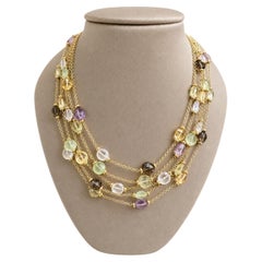 Italian 18k Gold Multi Colored Gemstones Cable 5 Tier Layered Style Necklace