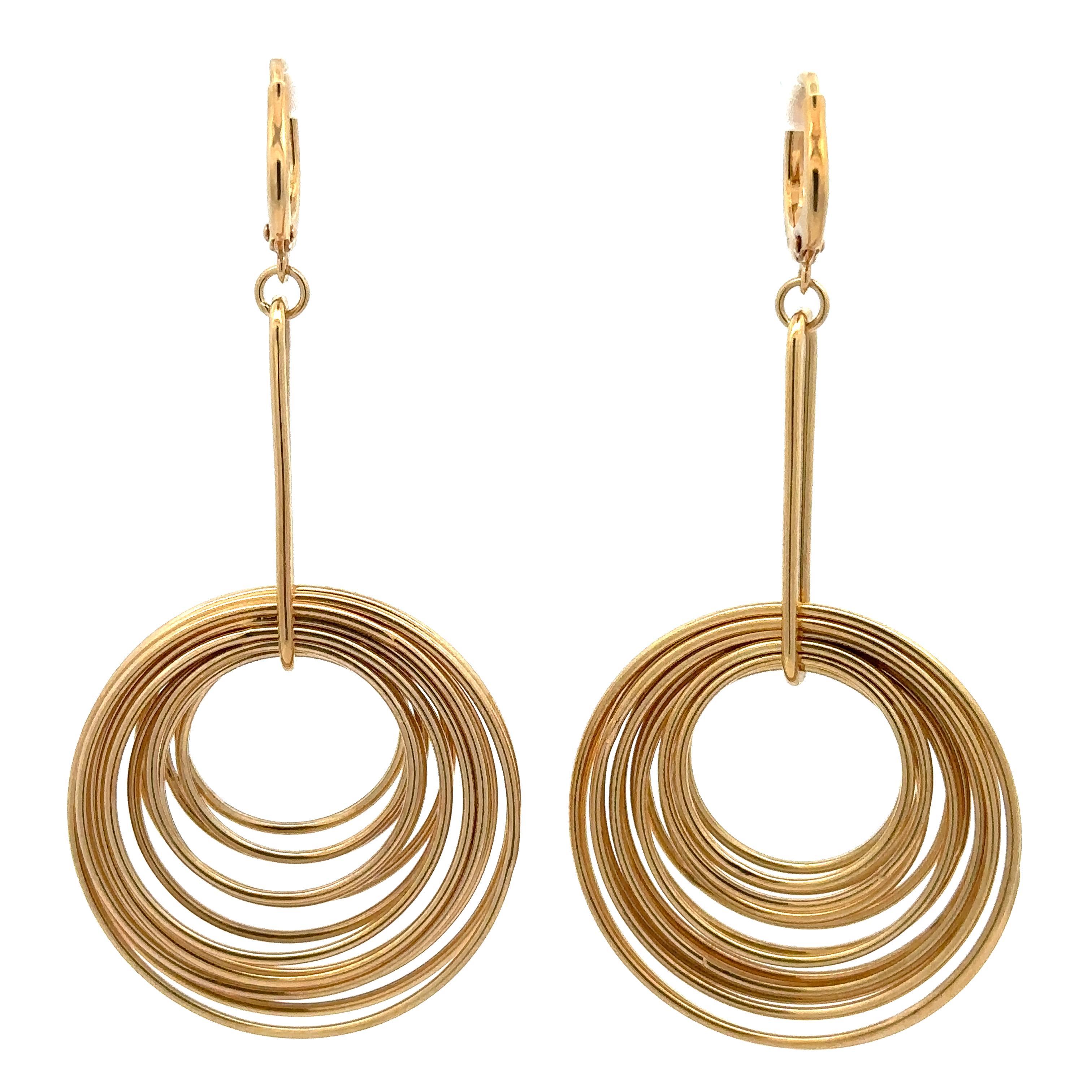 Italian 18k Gold Multiple Circles Dangle Drop Earrings w/ Lever-Back Closures In Good Condition In Montclair, NJ