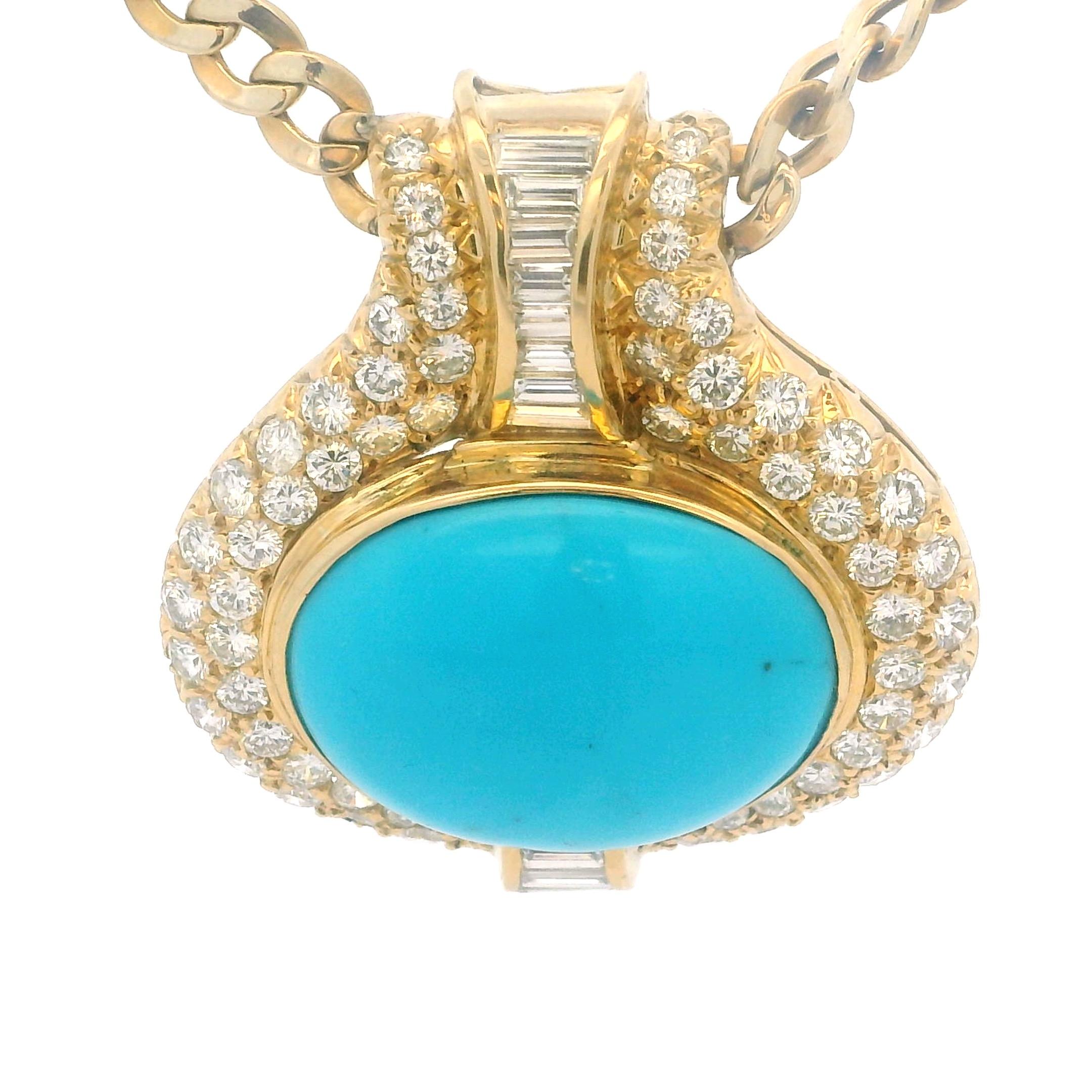 Collier italien en or 18 carats avec turquoise 18 carats et  6.15 Ct Diamants, circa 1975 en vente 6