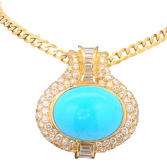 Italian 18K Gold Necklace with 18 Ct Turquoise and  6.15 Ct Diamonds, circa 1975