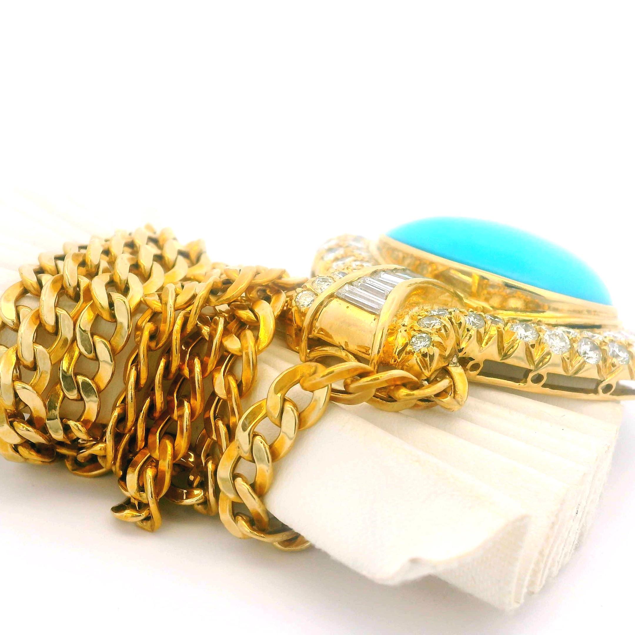 Collier italien en or 18 carats avec turquoise 18 carats et  6.15 Ct Diamants, circa 1975 en vente 14