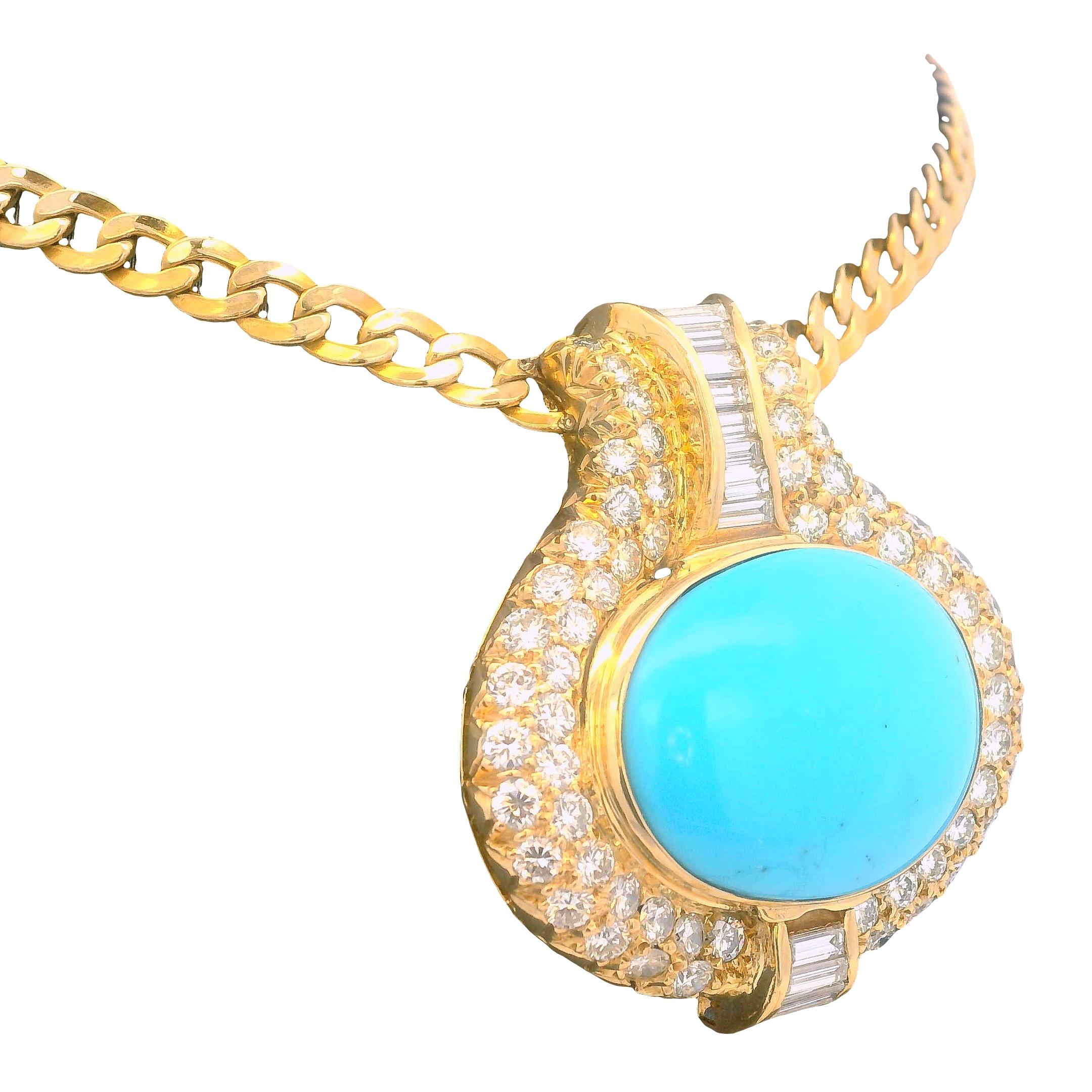 Taille cabochon Collier italien en or 18 carats avec turquoise 18 carats et  6.15 Ct Diamants, circa 1975 en vente