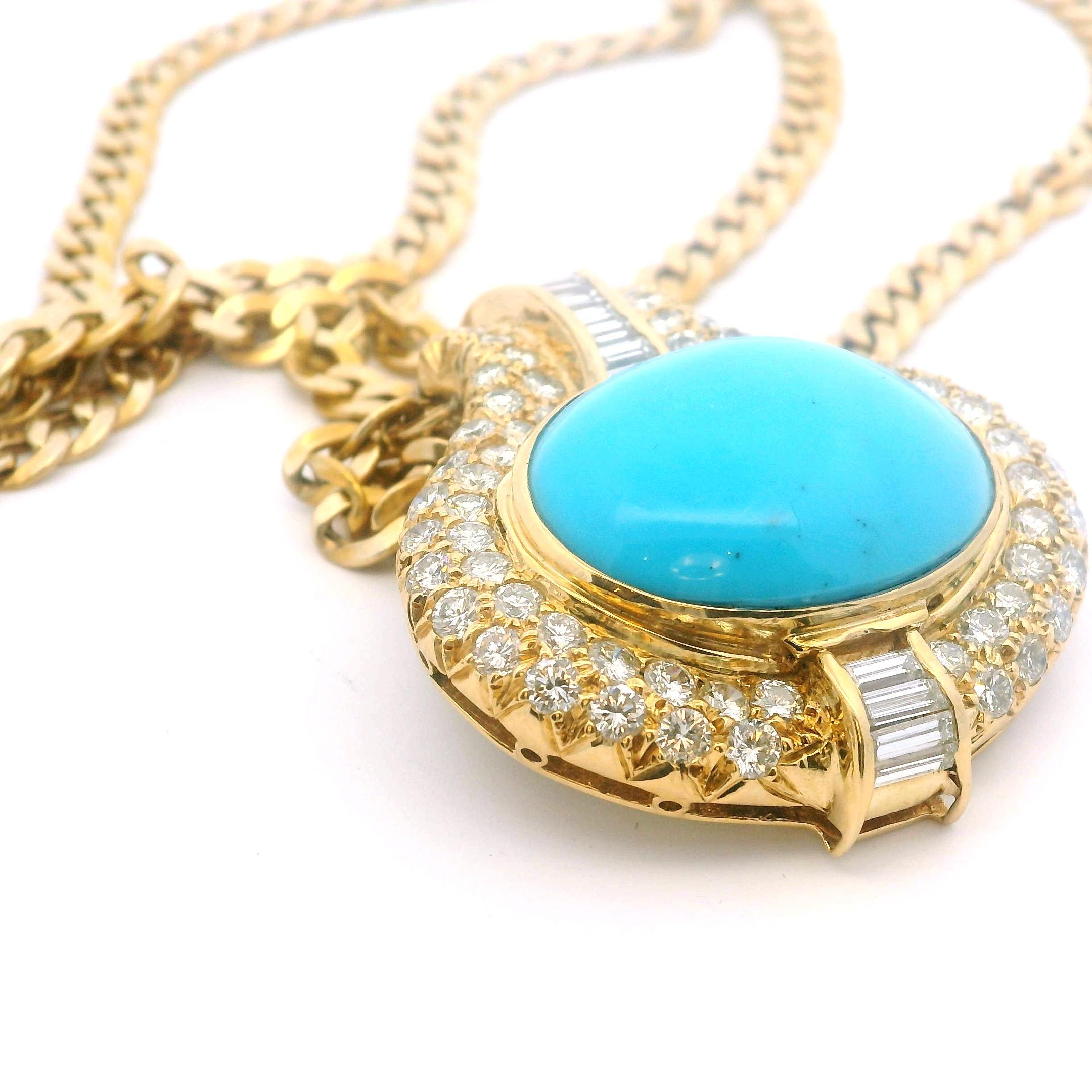 Collier italien en or 18 carats avec turquoise 18 carats et  6.15 Ct Diamants, circa 1975 Unisexe en vente