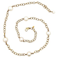 Collana regolabile in oro italiano 18 carati con maglia a cavo aperta, maglie ovali e perle