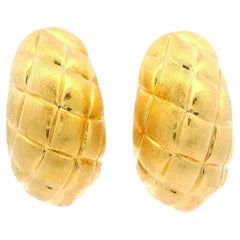 Italian 18k Gold Puffed Design Honeycomb Satin Finish Cuff Omega Earrings