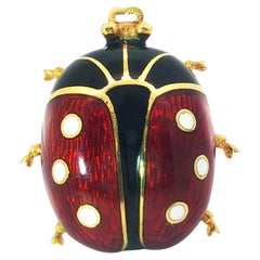Italian 18K Gold Red and Black Enamel Ladybug Brooch, Alessandria Workshop 15.5g