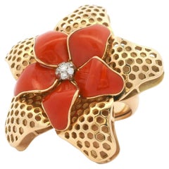 Italian 18K Gold Sculptural Coral Flower Ring with Diamonds, Circa 1970s