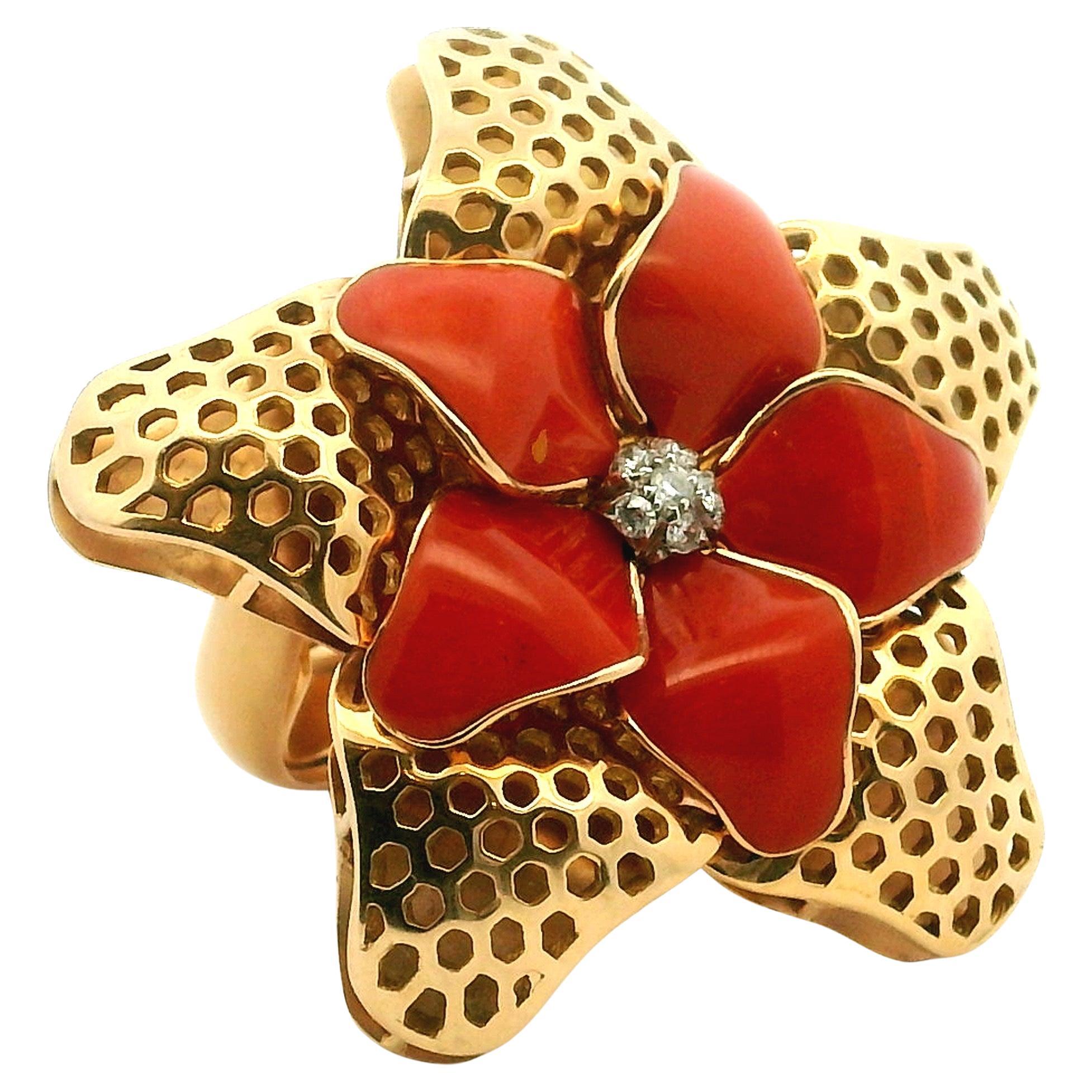 Italian 18K Gold Sculptural Coral Flower Ring with Diamonds, Circa 1970s