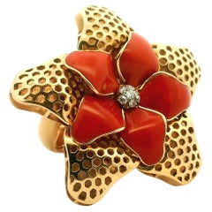 Italian 18K Gold Sculptural Coral Flower Ring with Diamonds, Circa 1970s