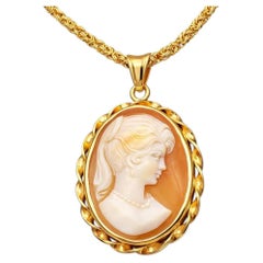 Italian 18K Gold Shell Cameo Pendant Necklace, Hand-Carved Lady Profile, Circa 1
