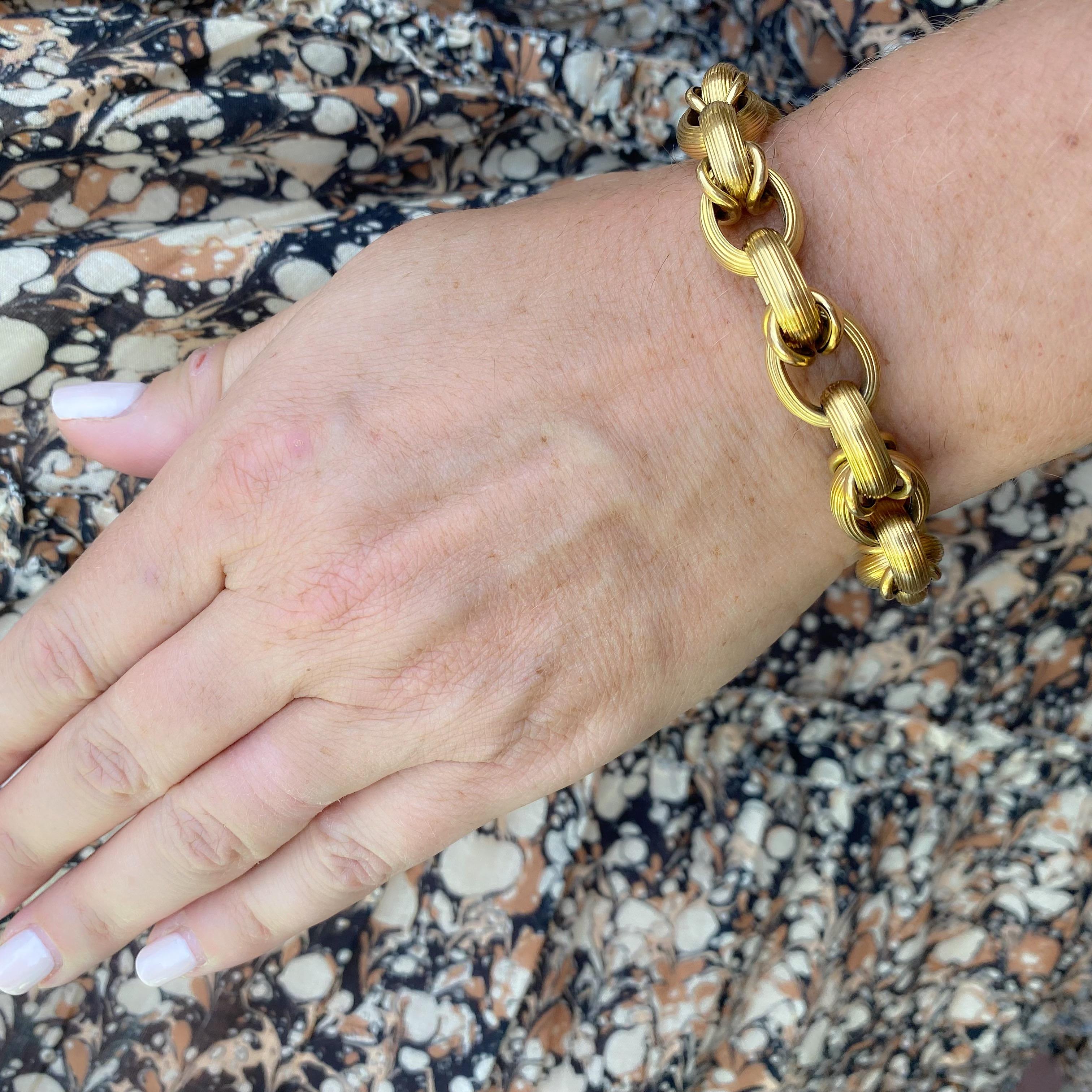 Fabulous 1970's Italian design! The oversize textured oval links with polished wire accents, the bracelet weighs 23.5 grams, and measures 8in. long. This bracelet is great to wear alone, or stacked for added flair.