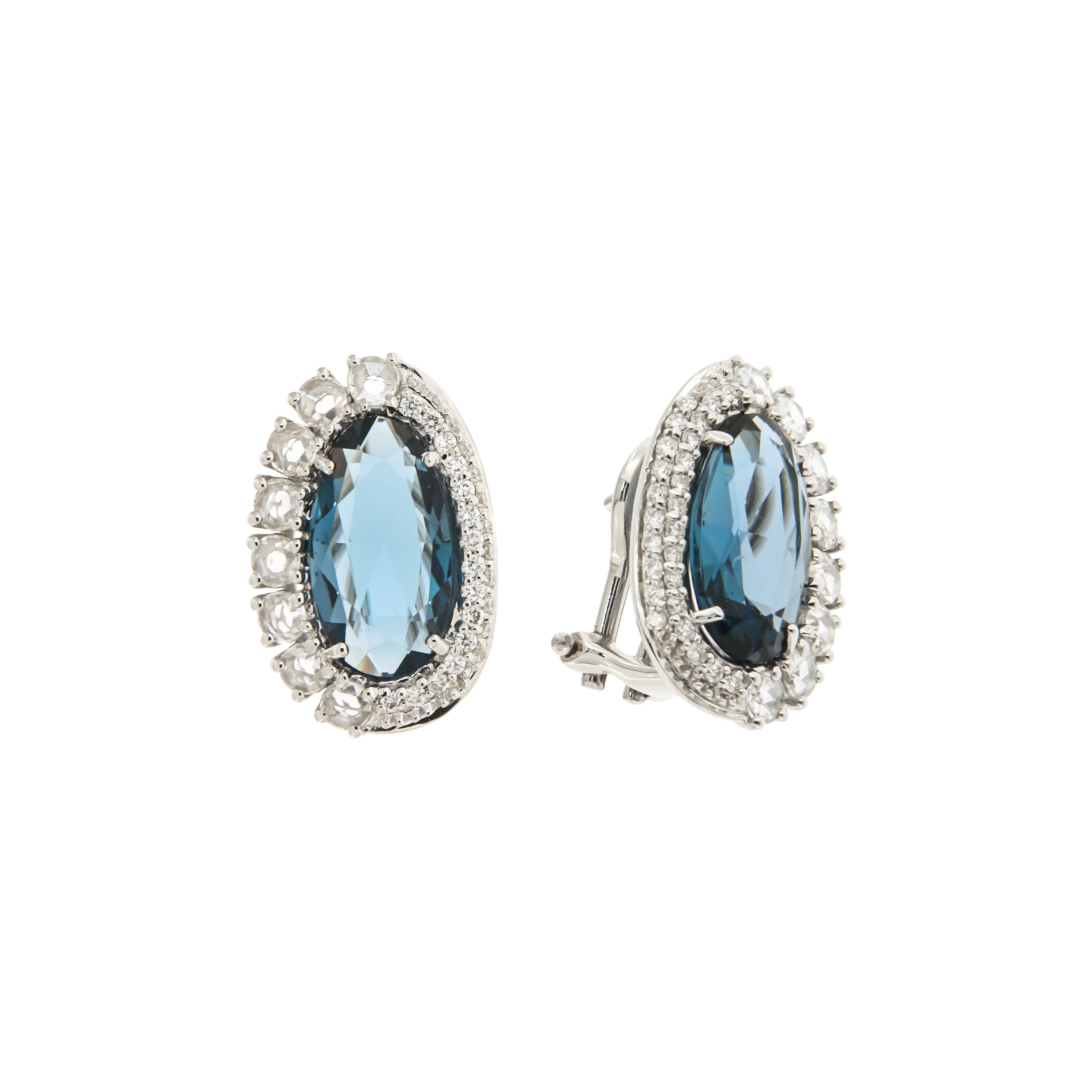 Italian 18k London Blue Topaz Diamonds Elegant White Gold Earrings for Her