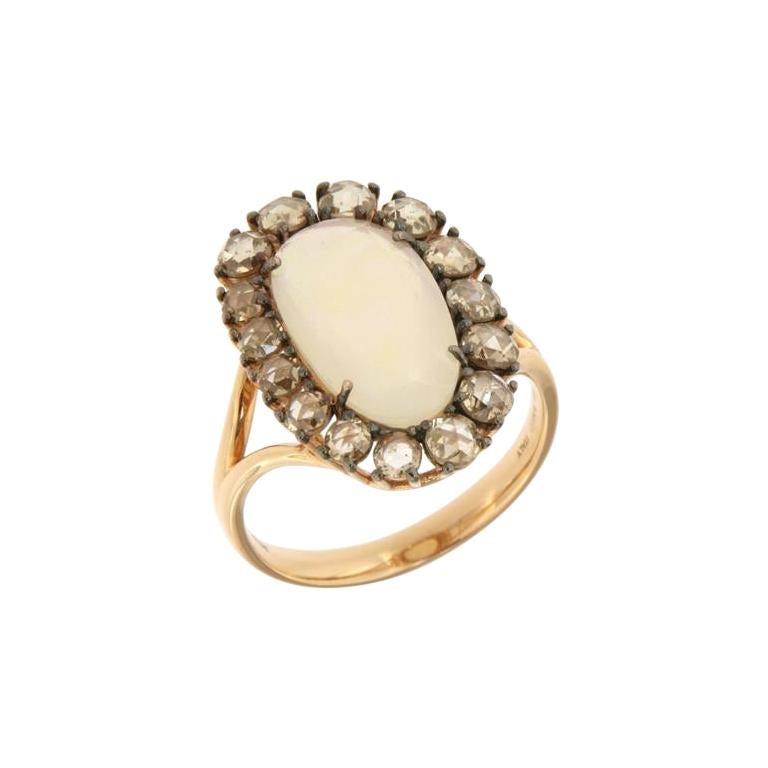 Italian 18k Opal Brown Diamonds Rose Elegant Gold Ring for Her