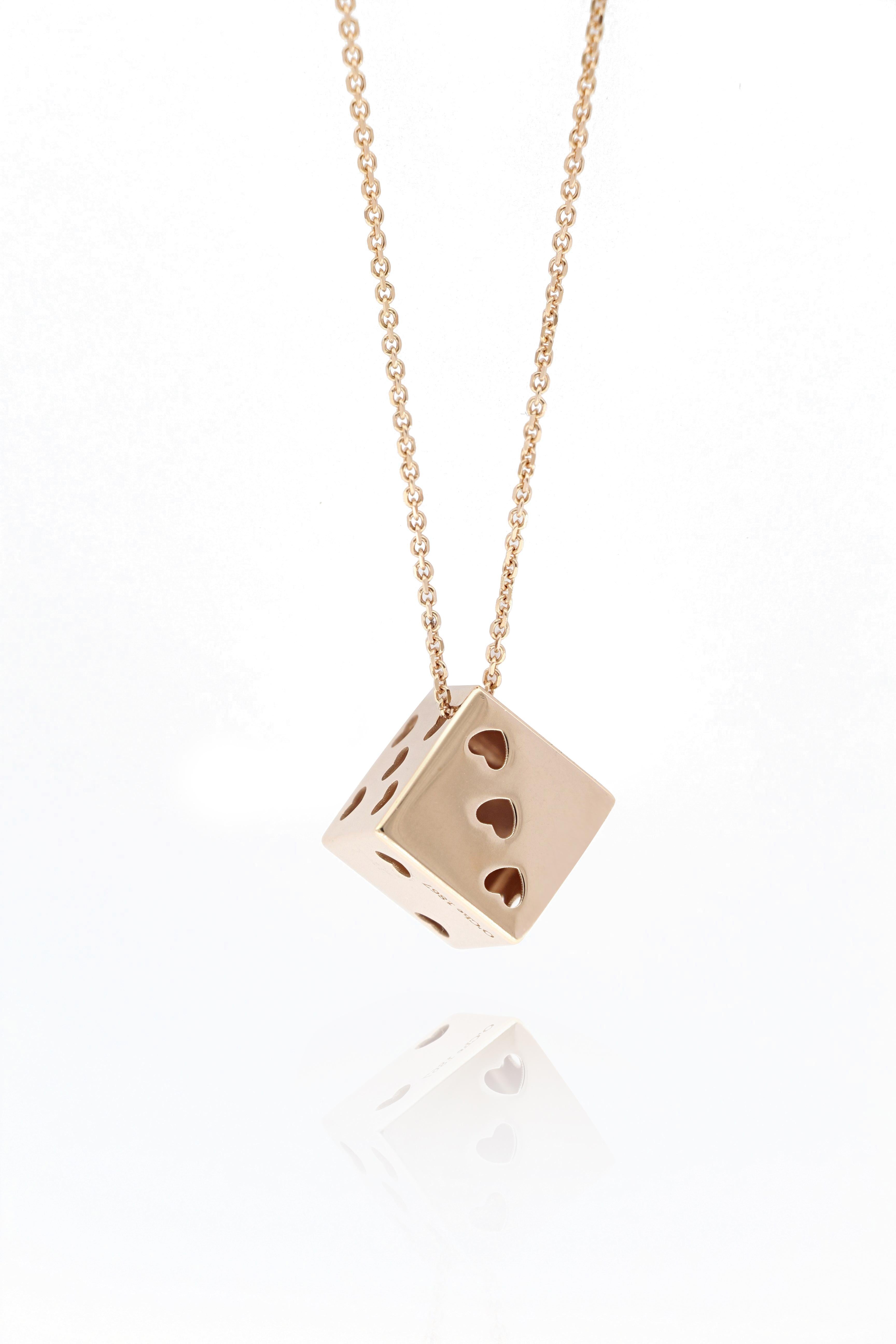 This unique 18K rose gold pendant necklace, designed and made in Italy,  is in the form of a dice cube. It is very trandy and stylish, can be matched with jeans and everyday wear.

The company was founded one and a half centuries ago in Macau. The