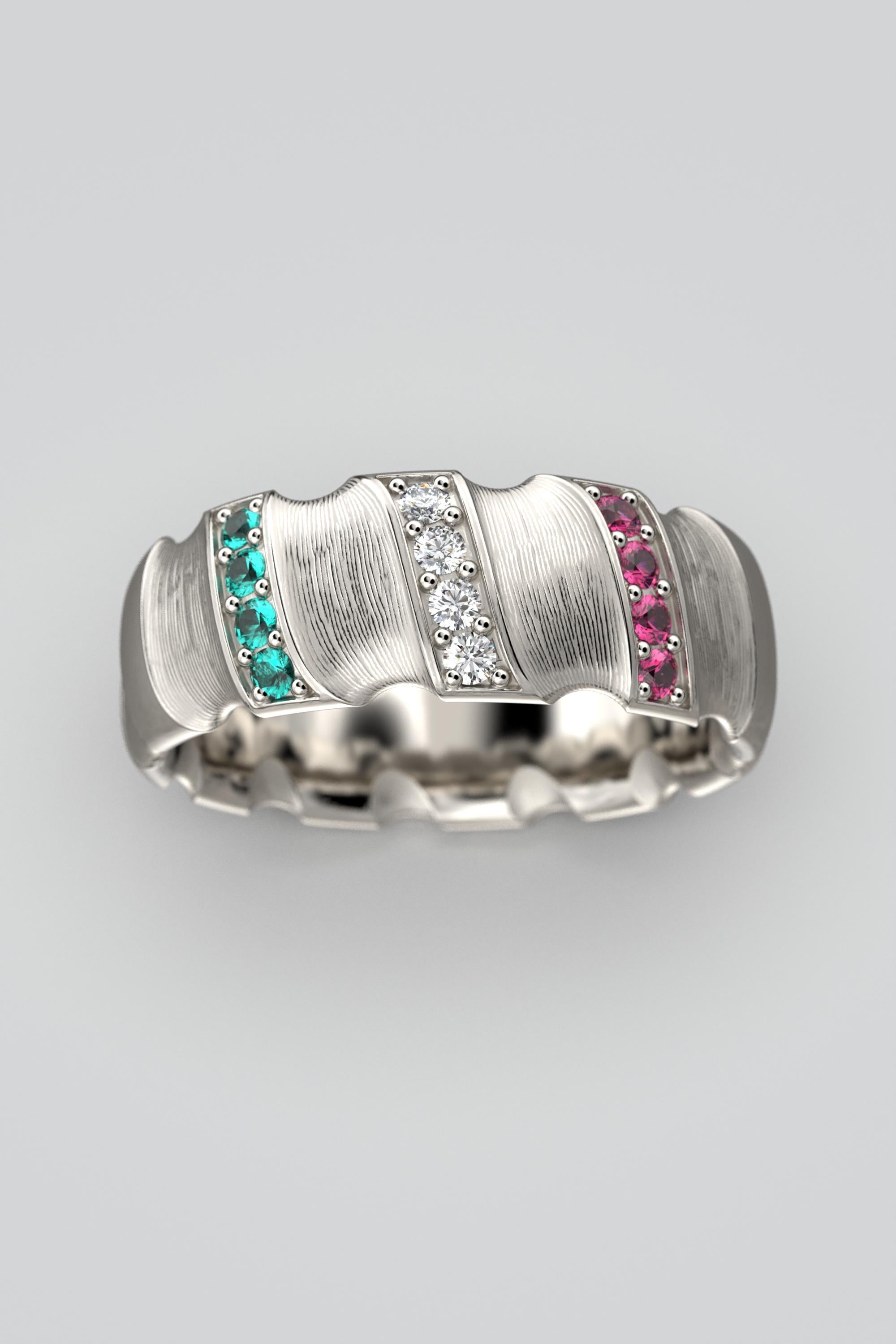 For Sale:  Italian 18k Solid Gold Wedding Band, Emeralds, Diamonds and Ruby Ring 10