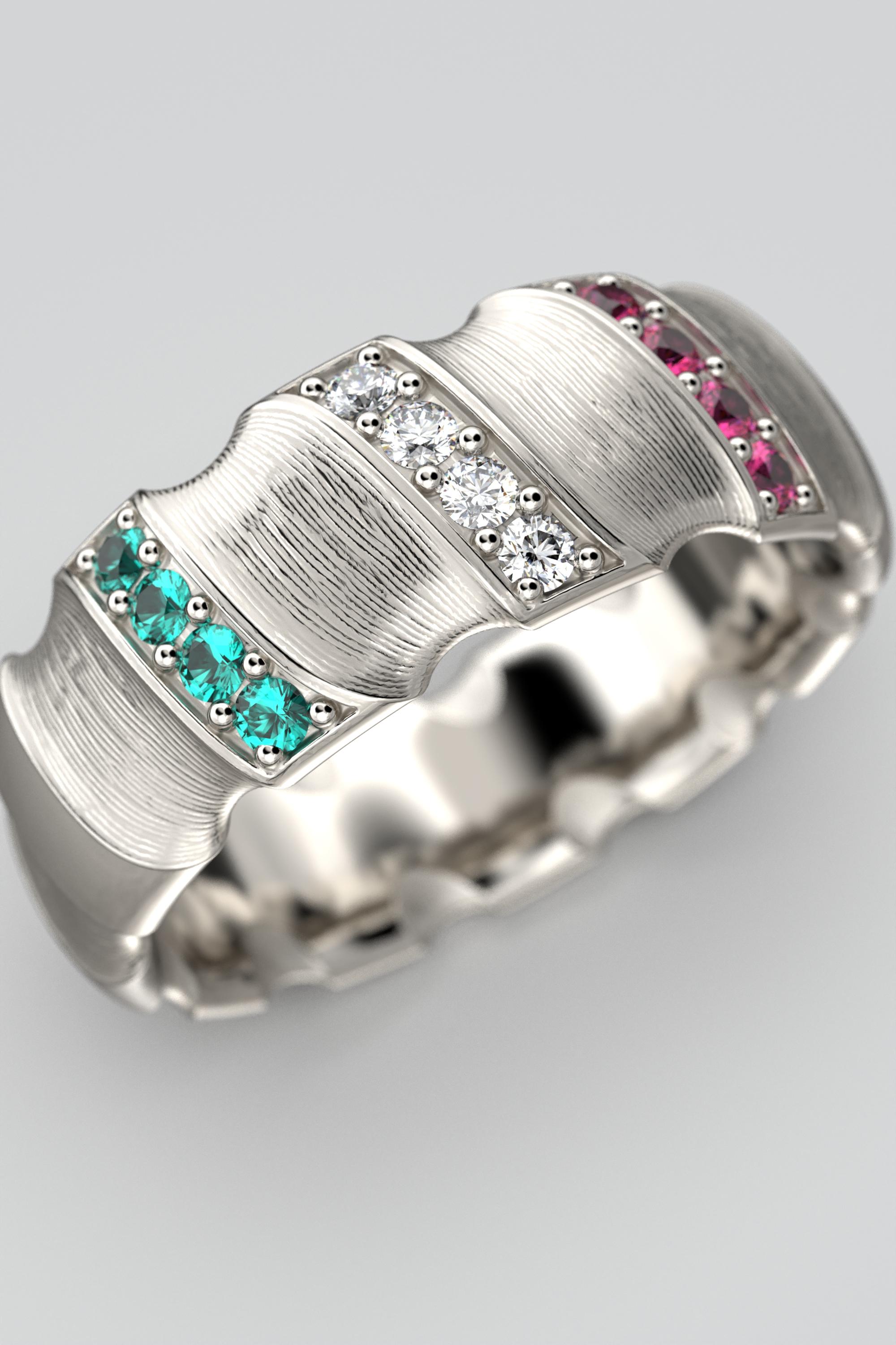 For Sale:  Italian 18k Solid Gold Wedding Band, Emeralds, Diamonds and Ruby Ring 11