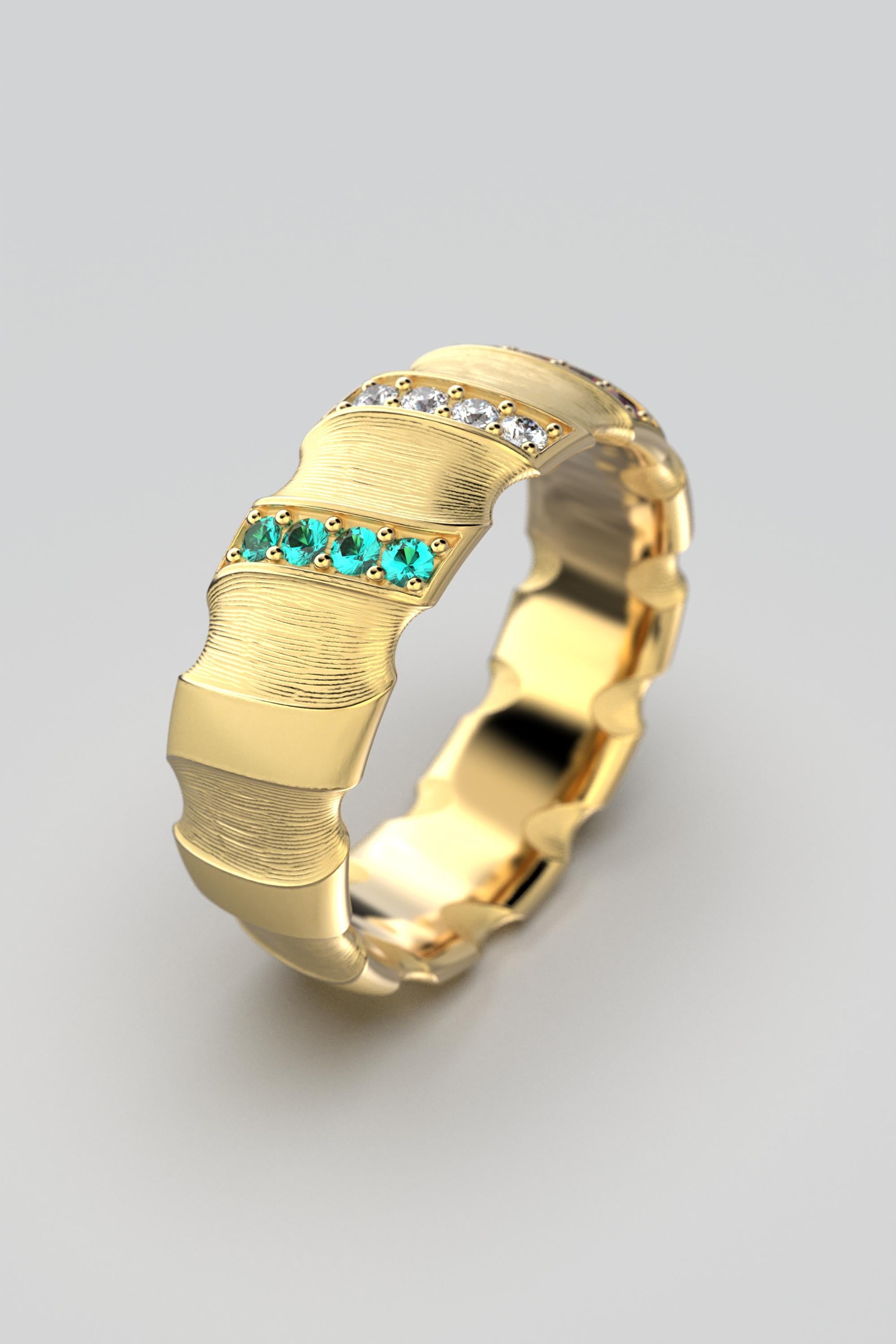 For Sale:  Italian 18k Solid Gold Wedding Band, Emeralds, Diamonds and Ruby Ring 2