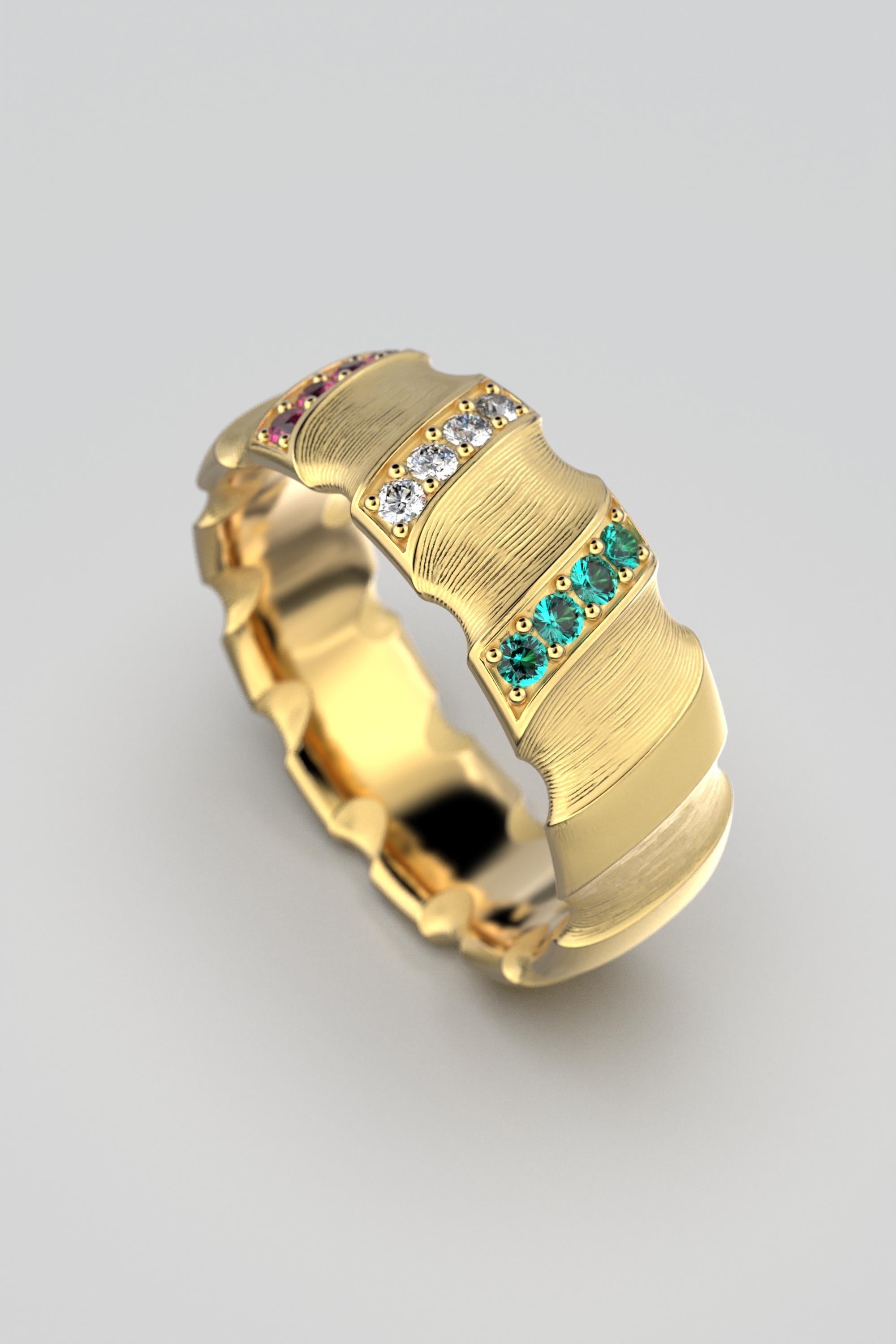 For Sale:  Italian 18k Solid Gold Wedding Band, Emeralds, Diamonds and Ruby Ring 3