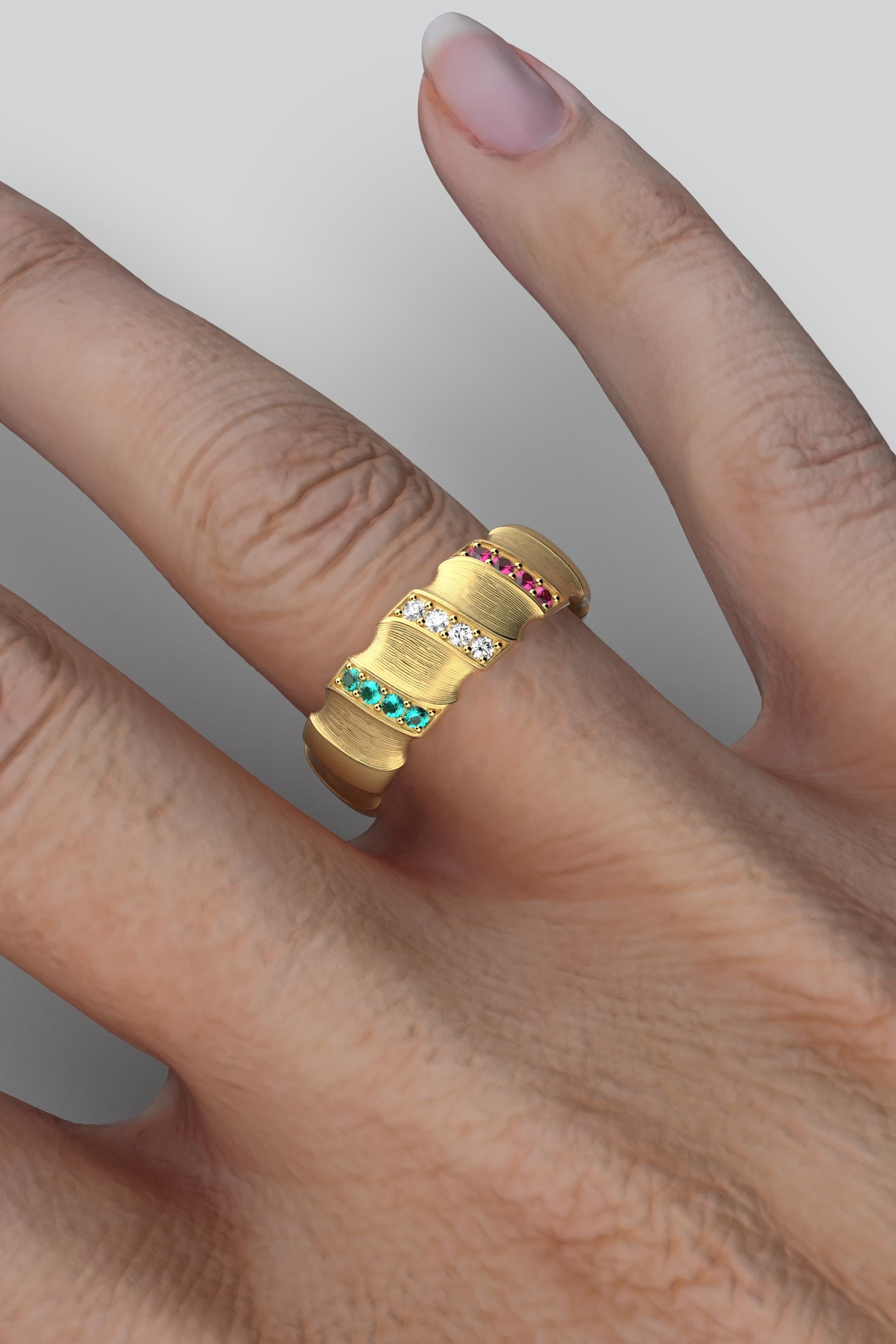 For Sale:  Italian 18k Solid Gold Wedding Band, Emeralds, Diamonds and Ruby Ring 4