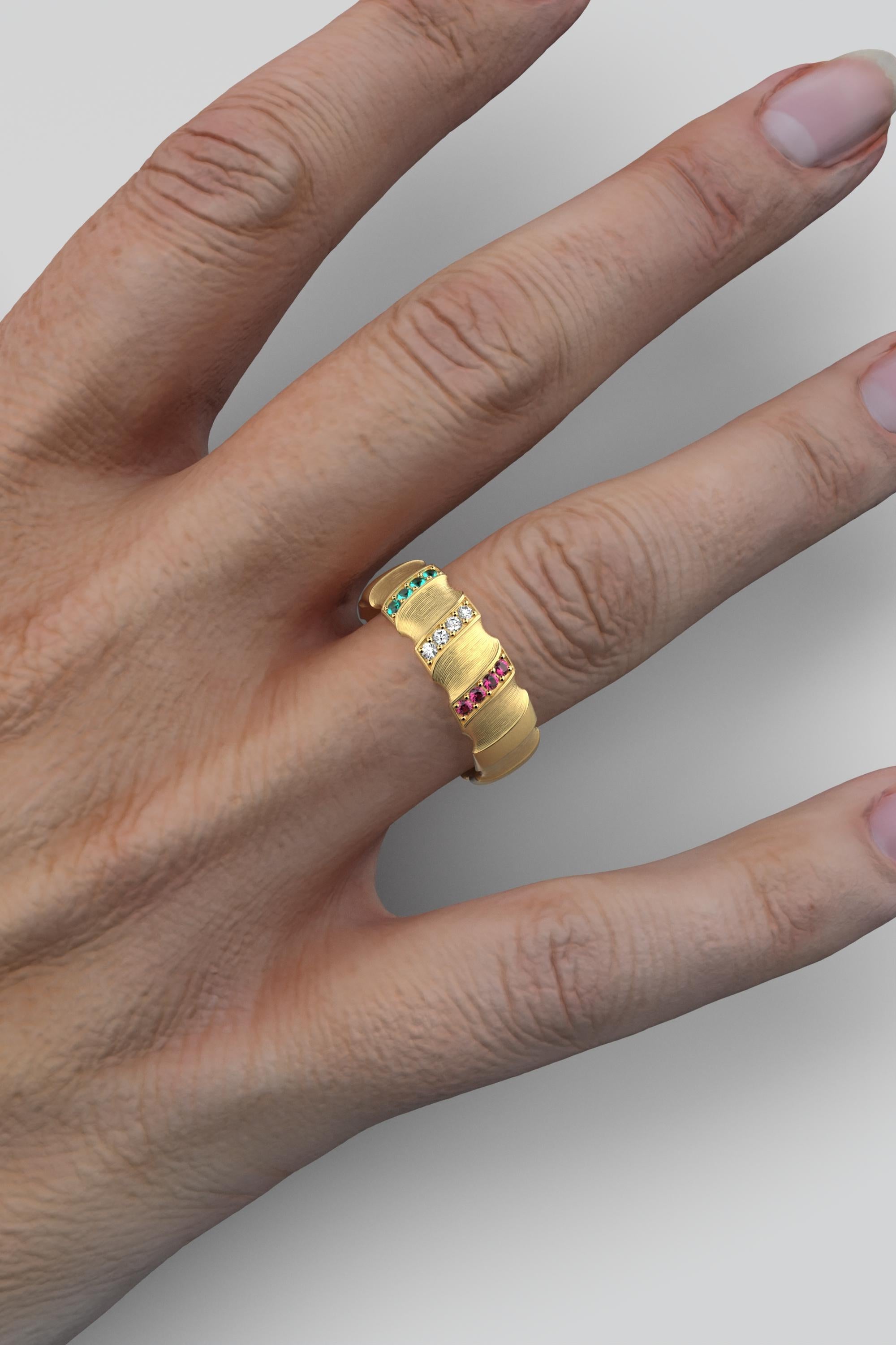For Sale:  Italian 18k Solid Gold Wedding Band, Emeralds, Diamonds and Ruby Ring 5