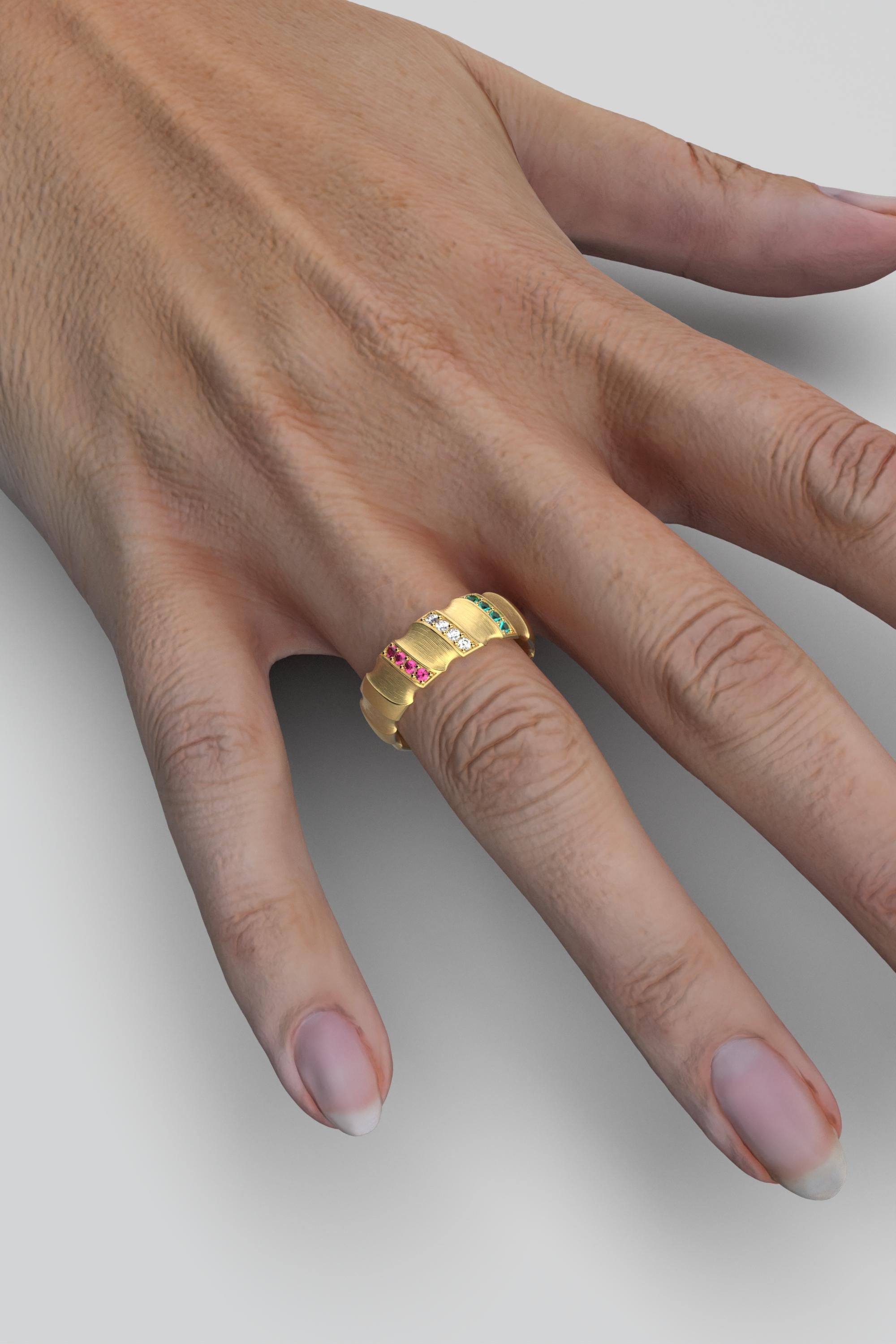 For Sale:  Italian 18k Solid Gold Wedding Band, Emeralds, Diamonds and Ruby Ring 6