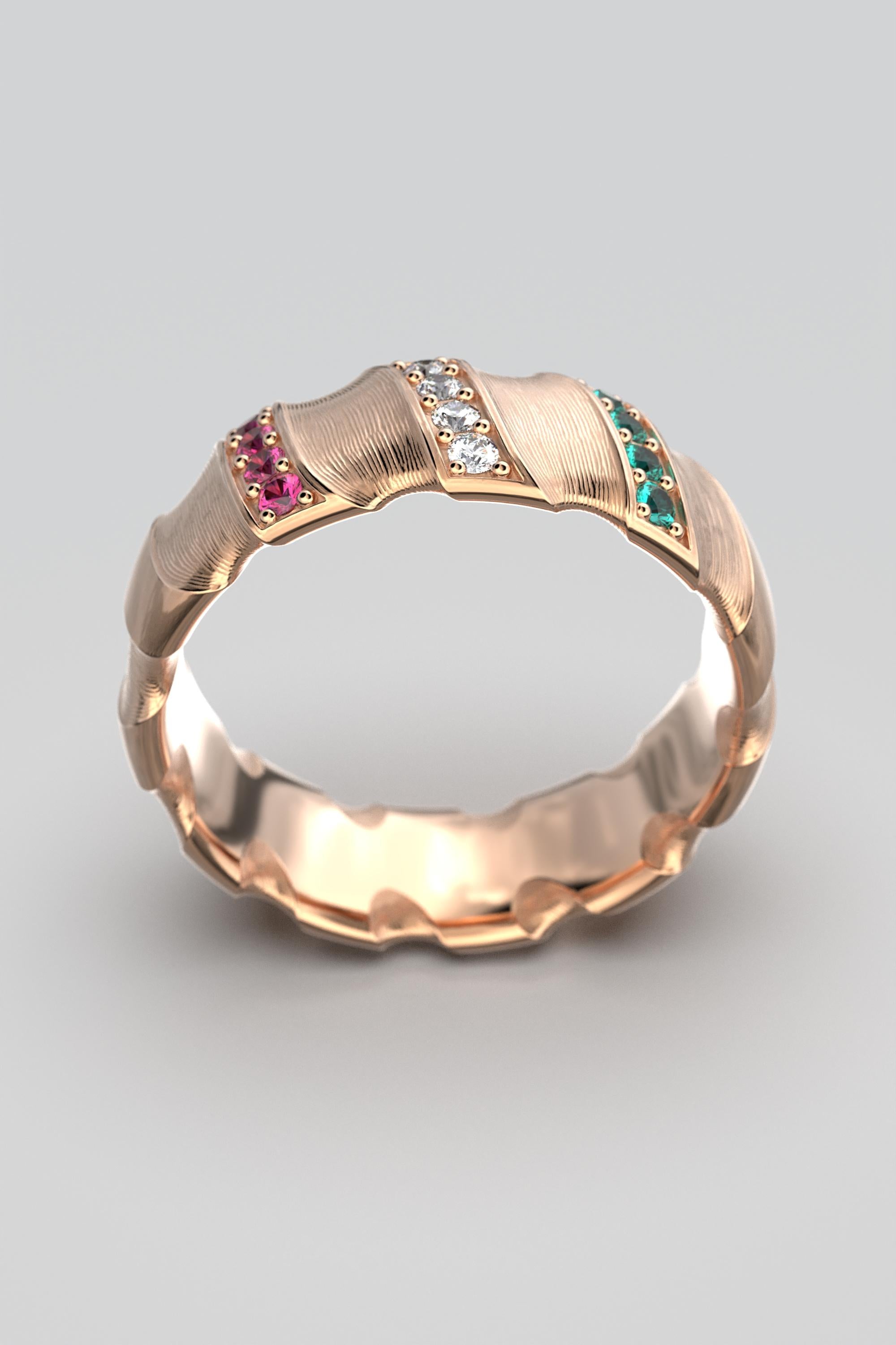 For Sale:  Italian 18k Solid Gold Wedding Band, Emeralds, Diamonds and Ruby Ring 8