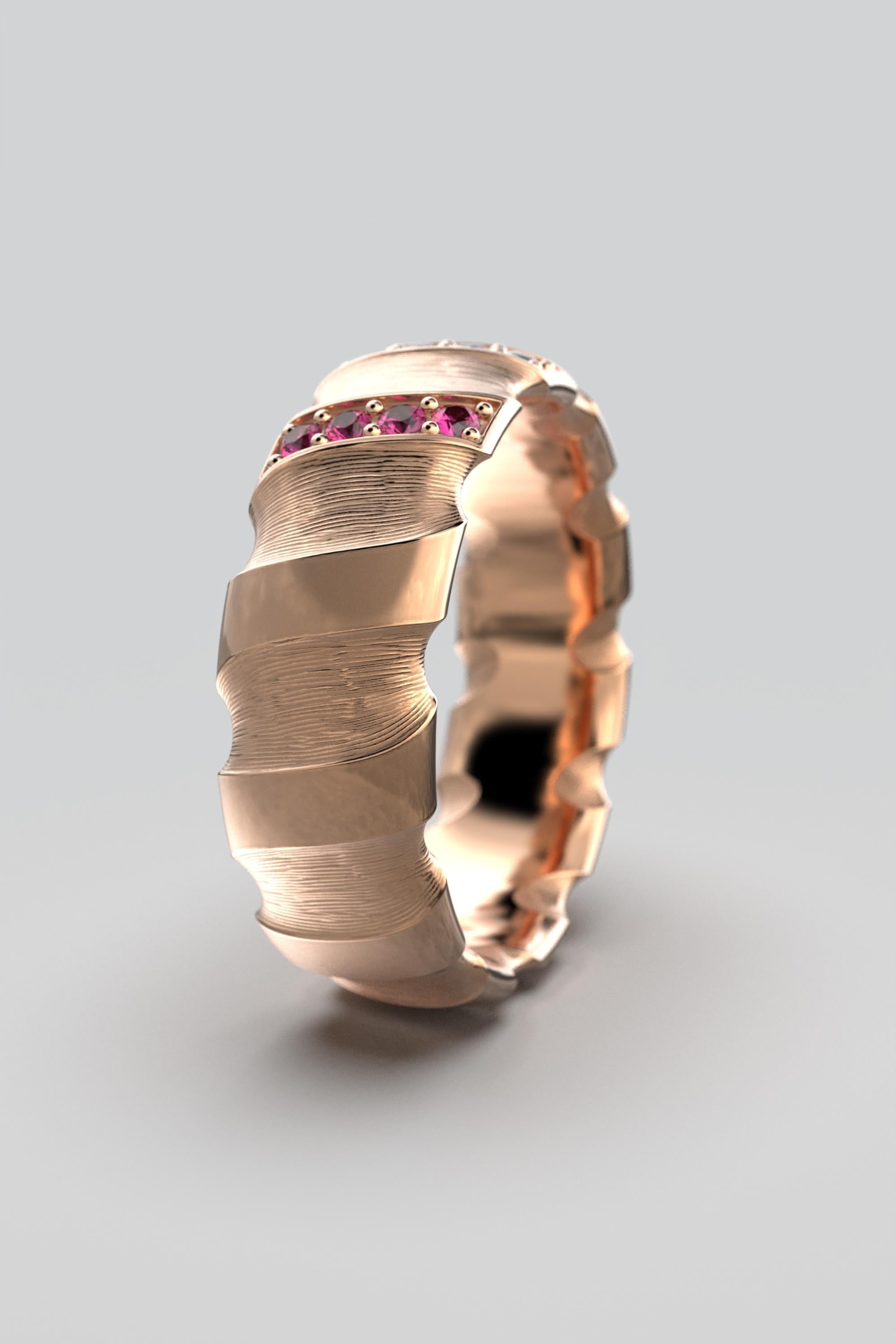 For Sale:  Italian 18k Solid Gold Wedding Band, Emeralds, Diamonds and Ruby Ring 9