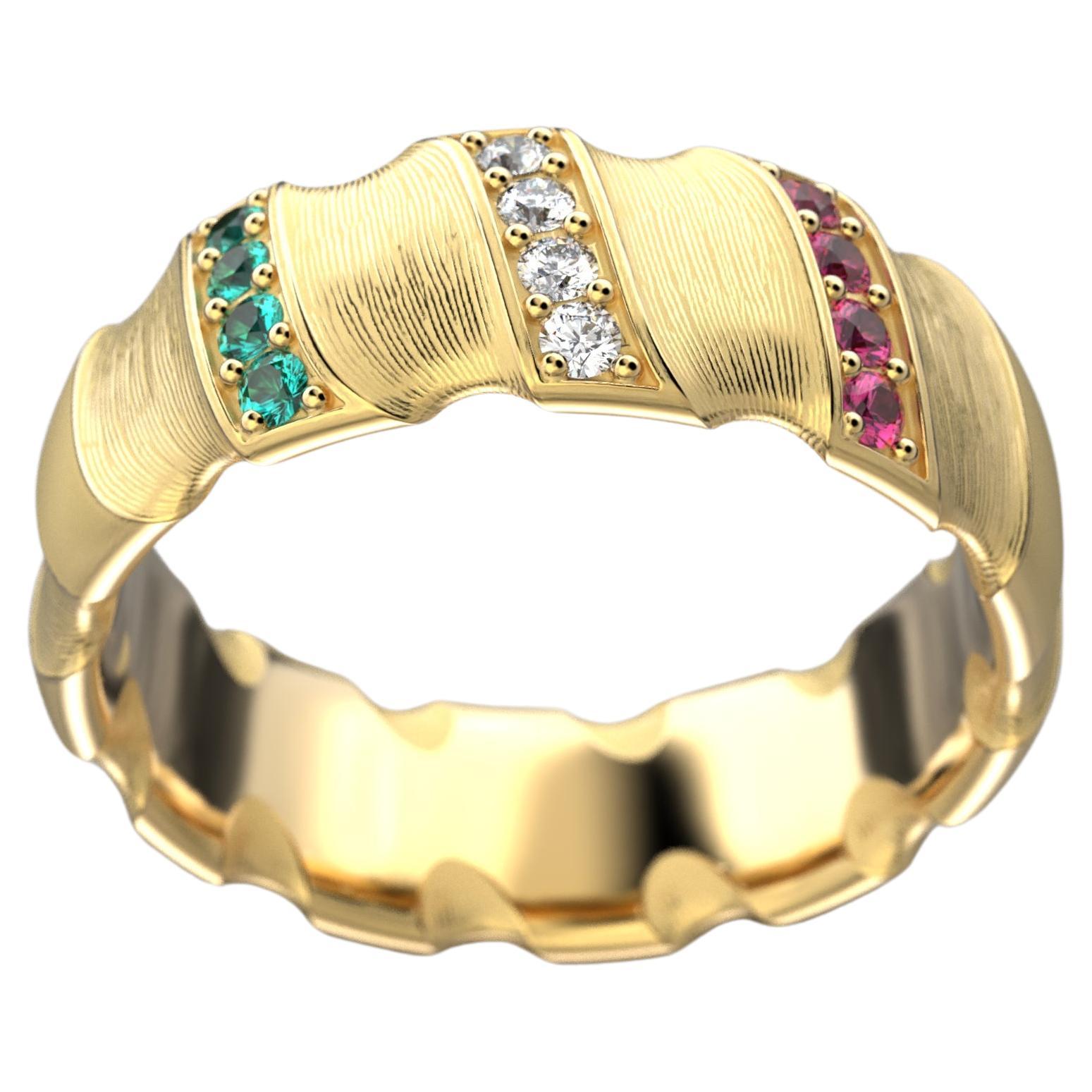 For Sale:  Italian 18k Solid Gold Wedding Band, Emeralds, Diamonds and Ruby Ring