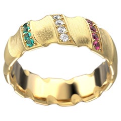 Italienischer italienischer Ehering aus 18 Karat massivem Gold mit Smaragden, Diamanten und Rubinen