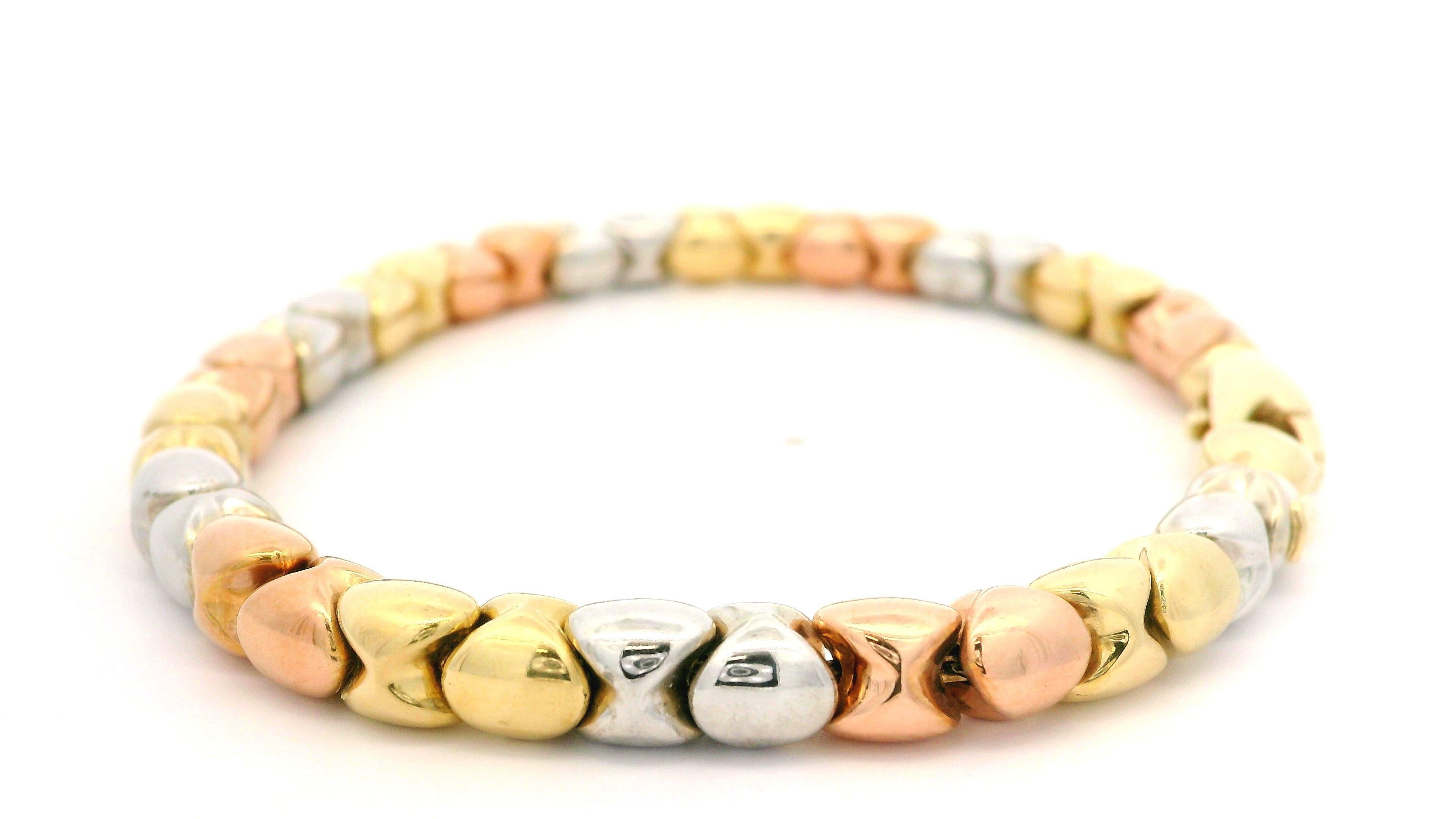 Italian 18k Solid Well Made Tri Color Gold 6mm Sliding Bead Link Chain Bracelet For Sale 6